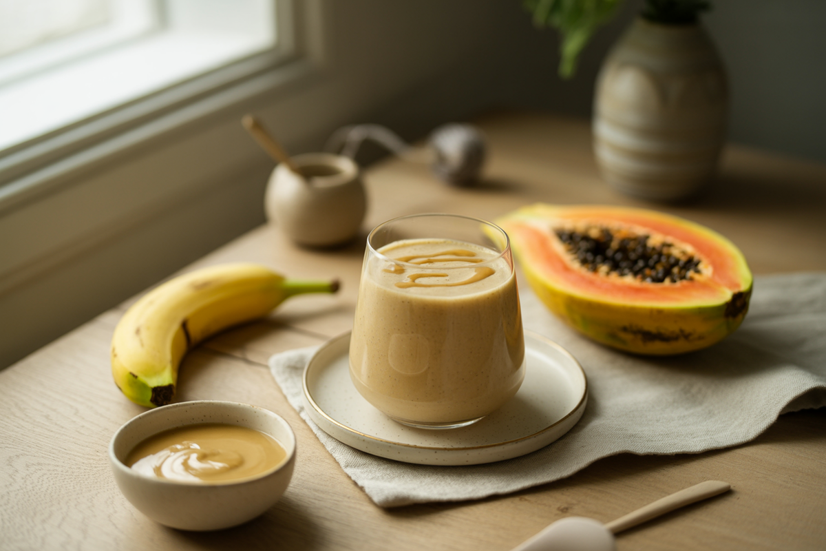 Papaya banana tahini smoothie with fresh papaya