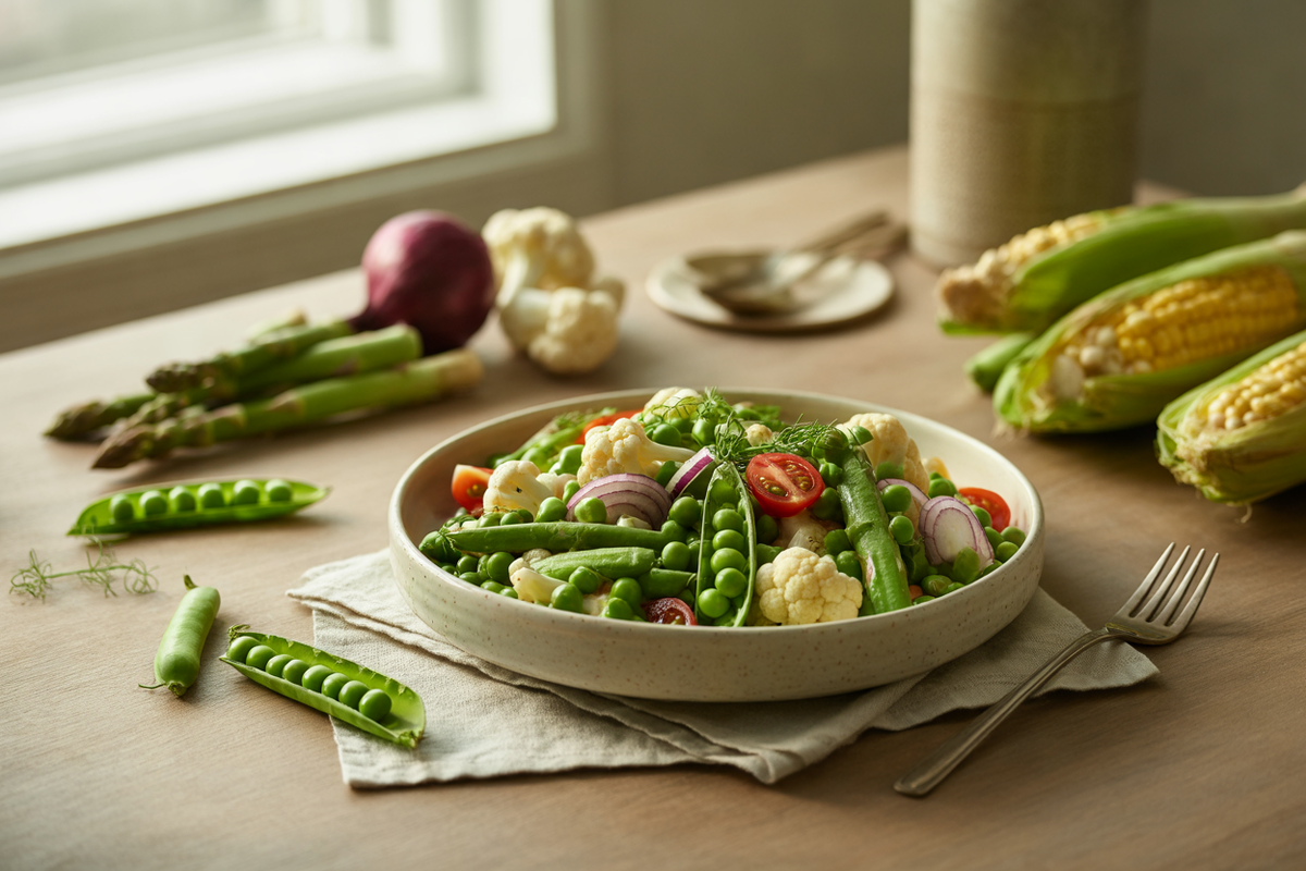 Raw pea tip salad with peas, corn, asparagus and tomatoes