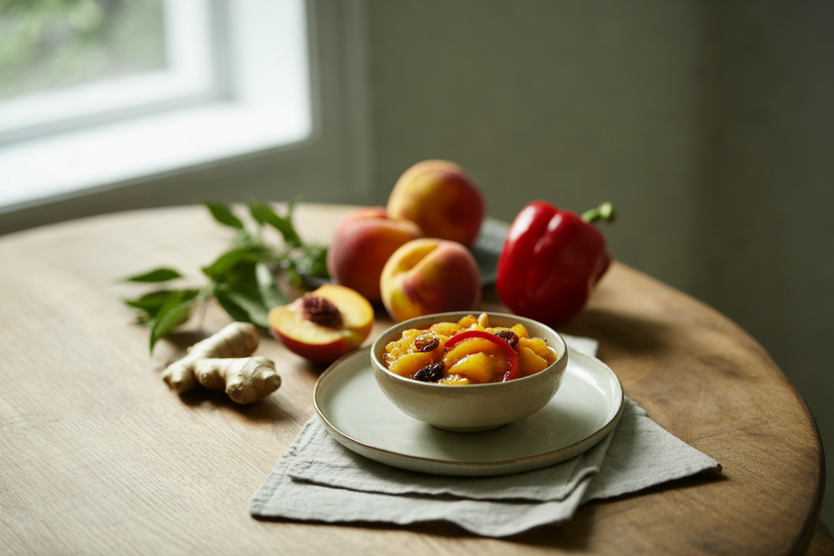 Raw peach chutney with red pepper and raisins