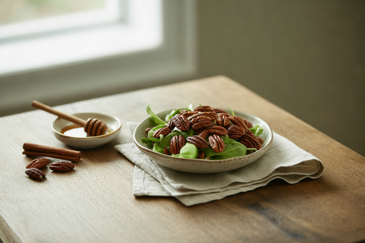 Raw cinnamon honey pecan croutons on a salad