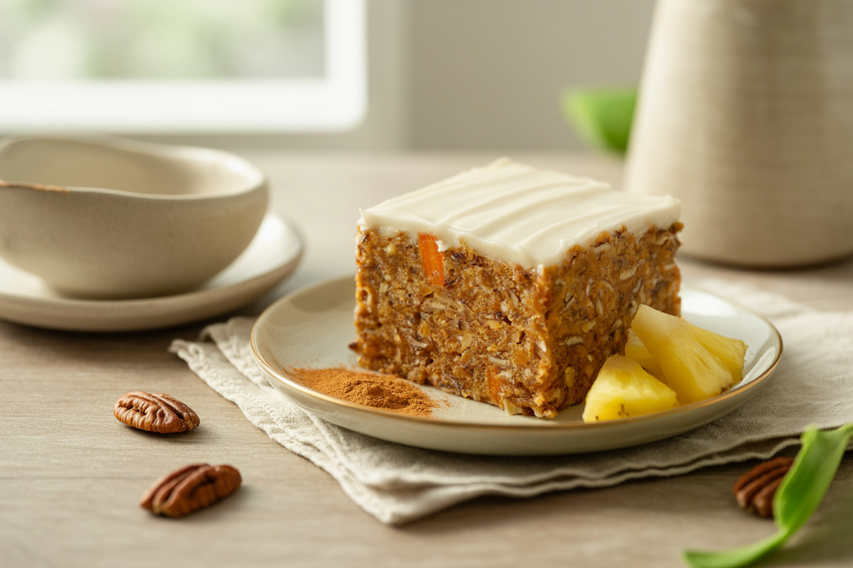 Slice of raw pineapple carrot cake with cashew icing, pecans and pineapple chunks on a cream plate