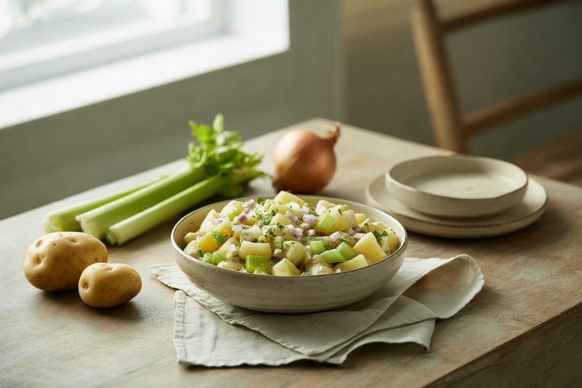 Creamy potato salad with celery and onion