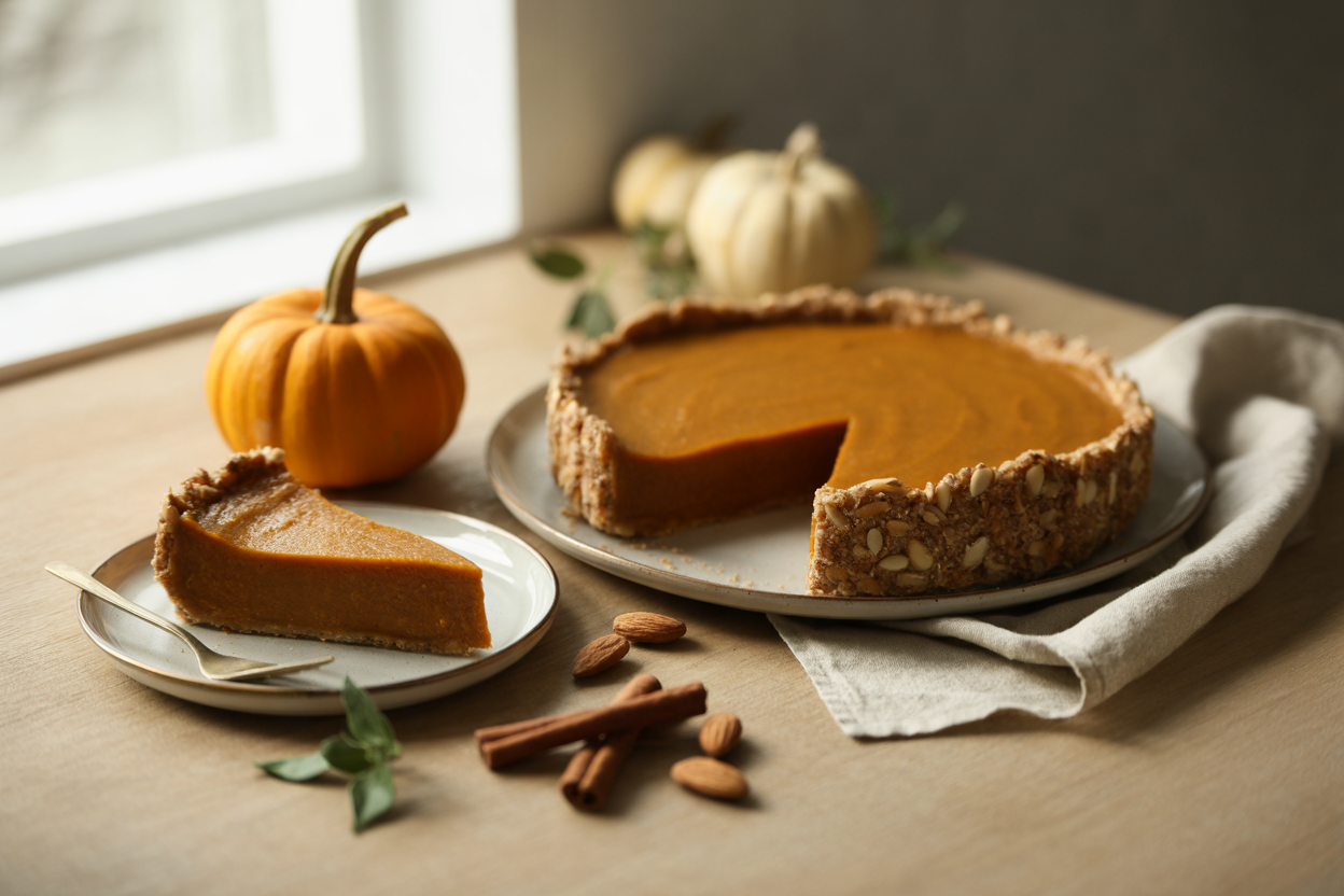 Raw pumpkin pie with almonds, coconut, raisins and spices