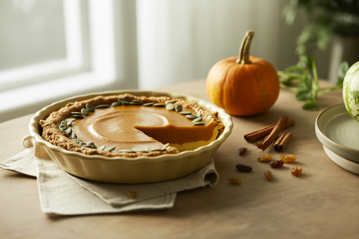 Raw pumpkin pie with a nut and date crust topped with pumpkin seeds