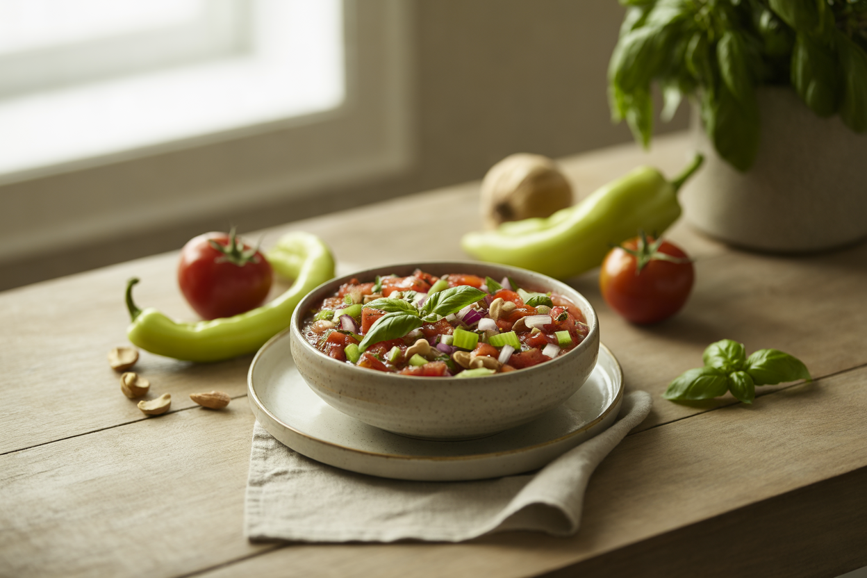 Raw tomato salsa with banana pepper and basil