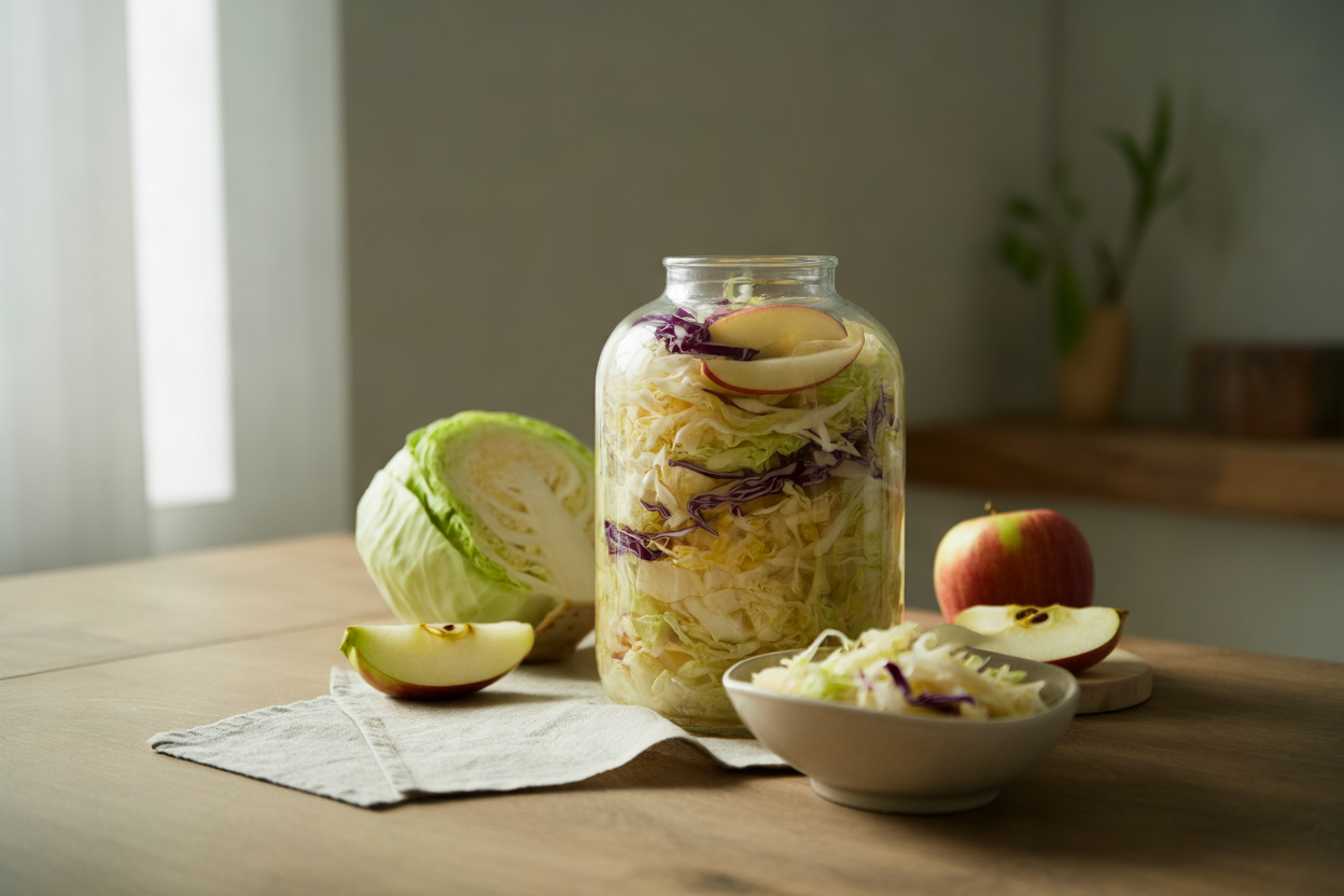 Homemade raw sauerkraut with cabbage and apple