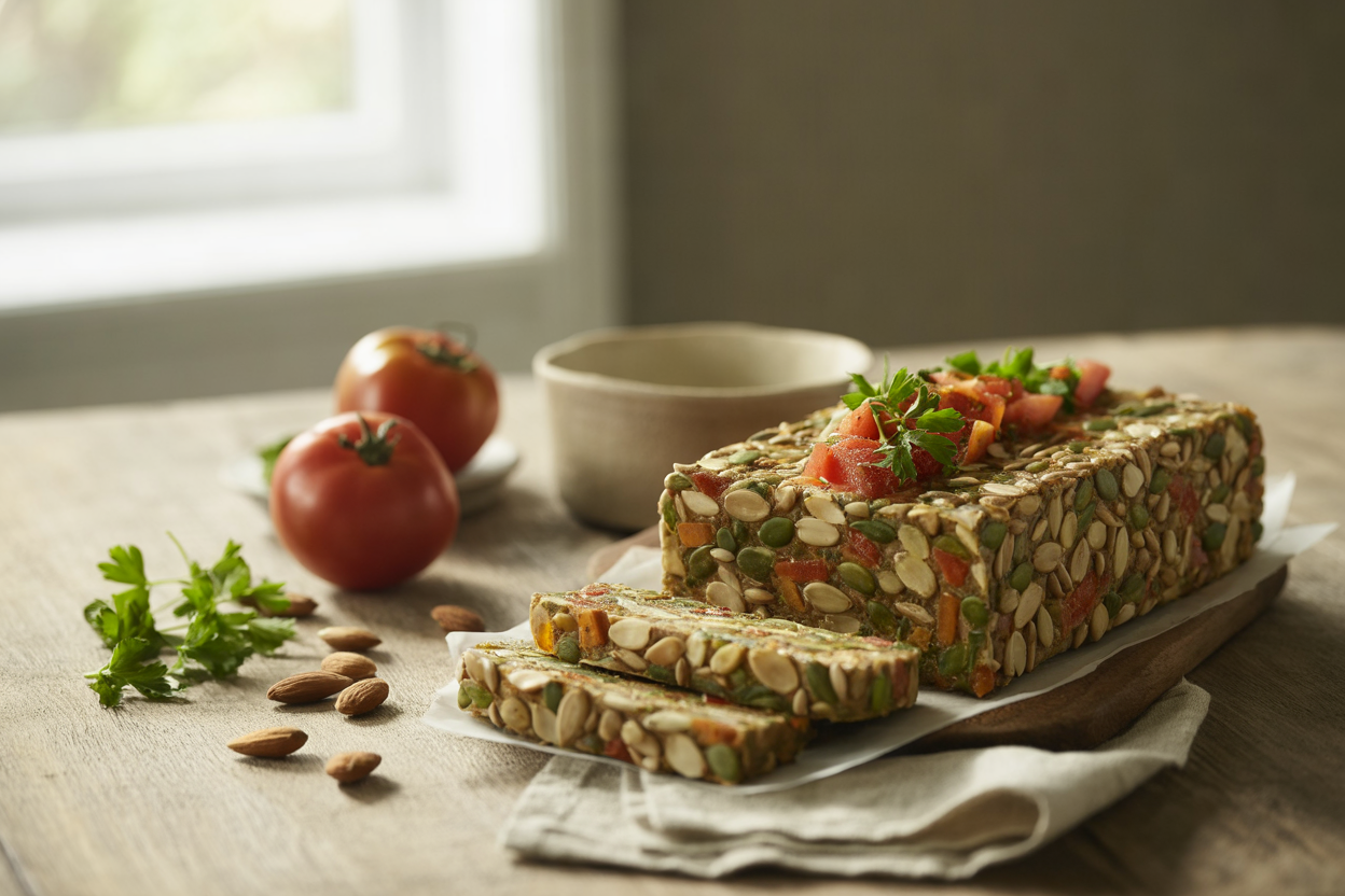 Raw seed and nut loaf with tomato herb sauce