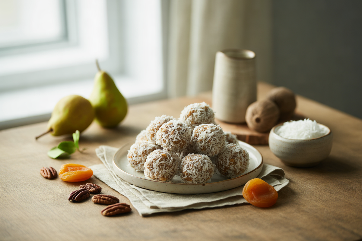 Raw snowball cookies with pecans, dried fruit and coconut