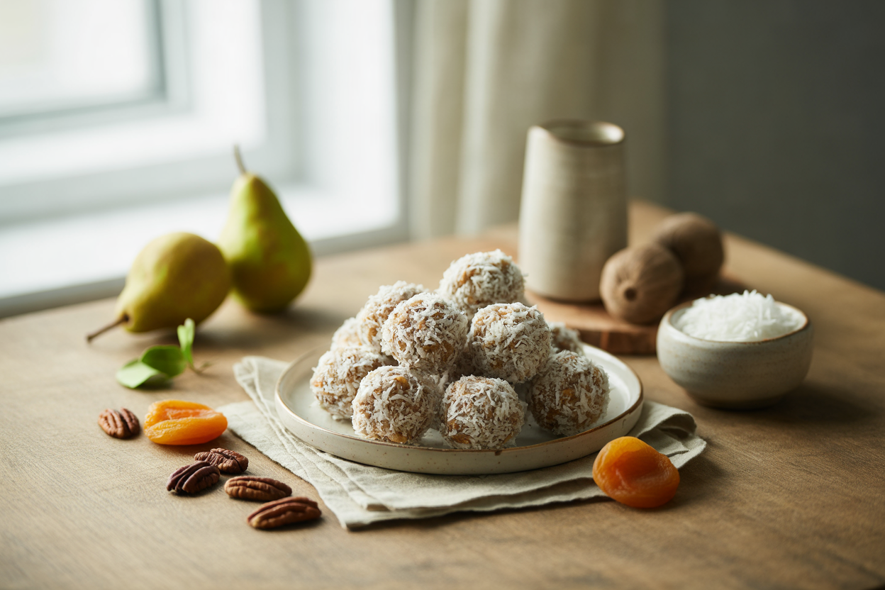 Raw snowball cookies with pecans, dried fruit and coconut