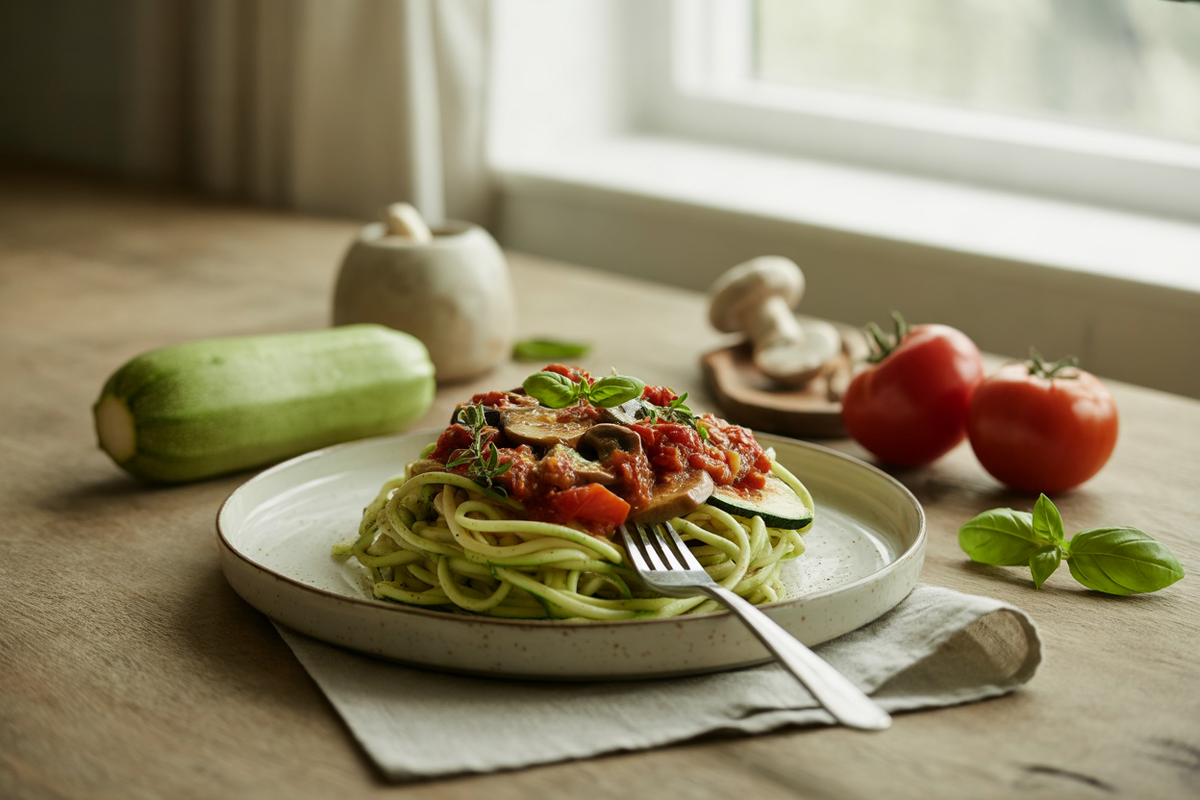 Raw zucchini spaghetti with tomato mushroom sauce