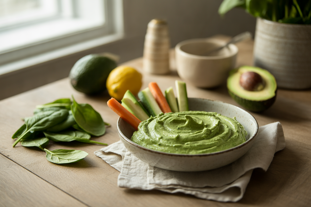 Raw spinach avocado dip with vegetable sticks