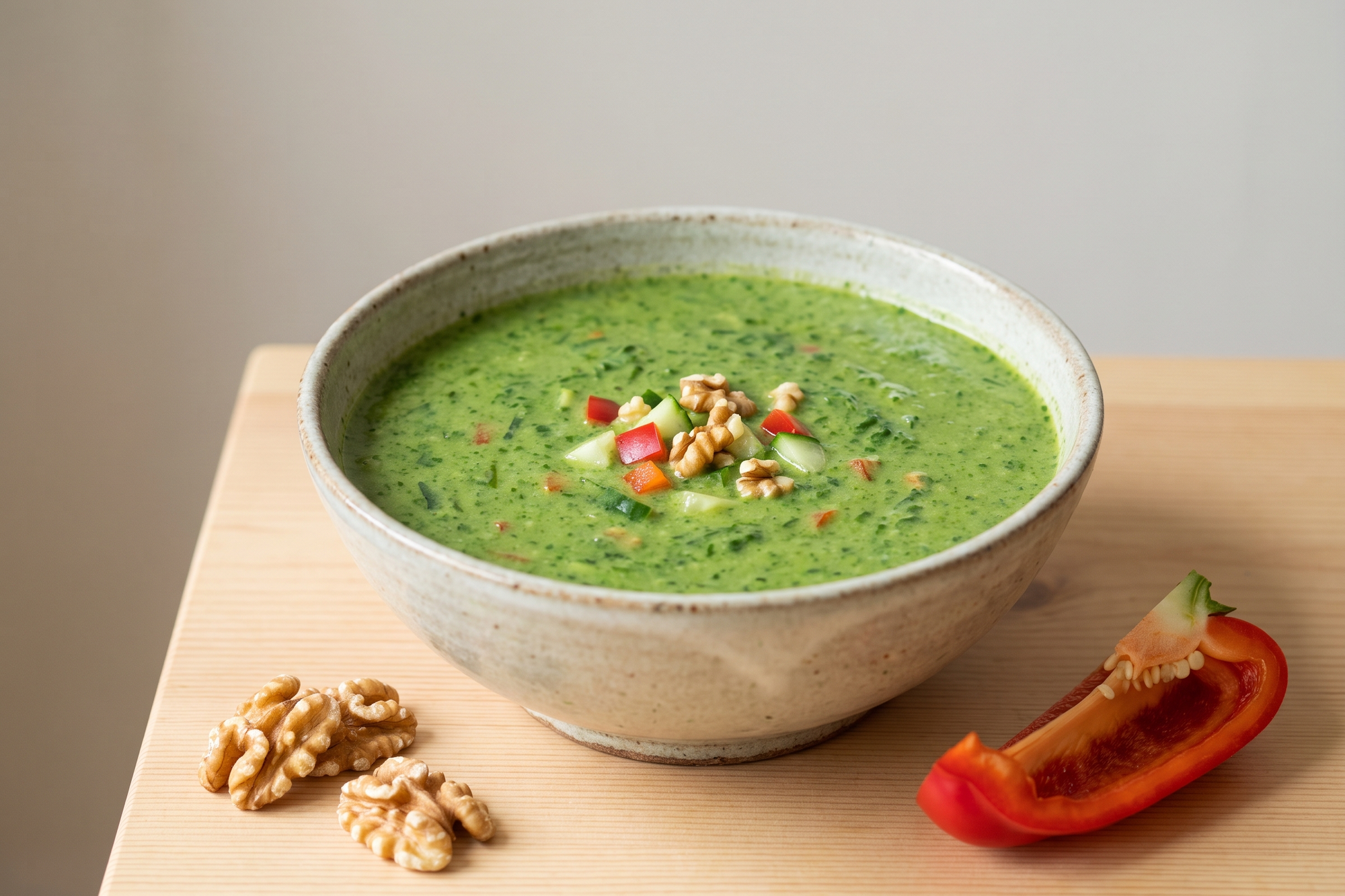 Bowl of raw spinach soup garnished with walnuts and red bell pepper