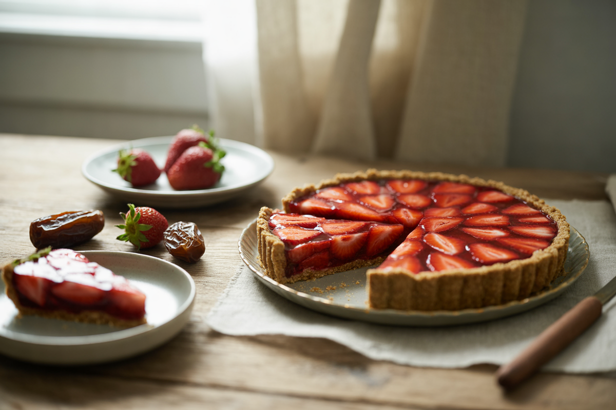 Raw strawberry pie with almond date crust