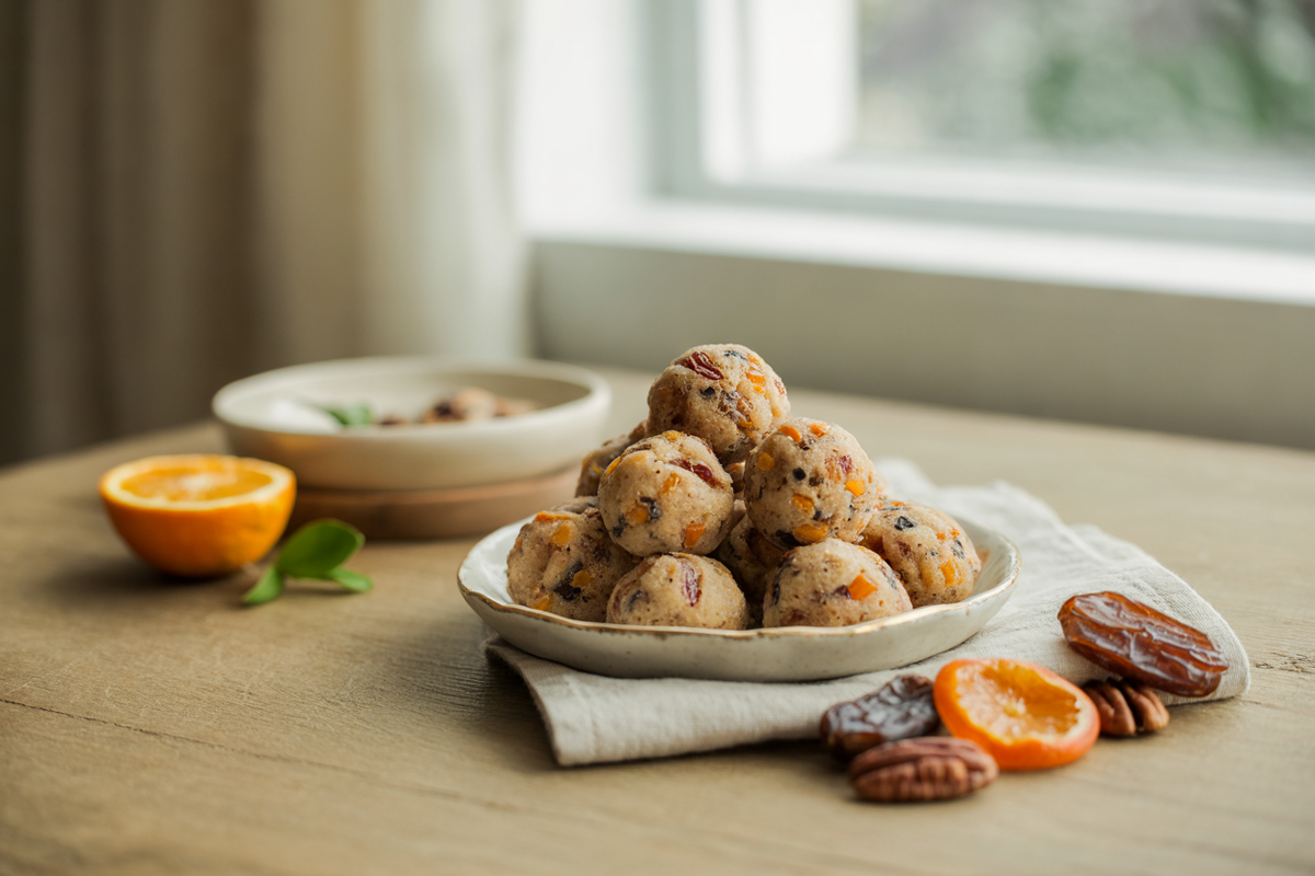 Raw sugar plums made from almonds, pecans, dates, raisins and apricots