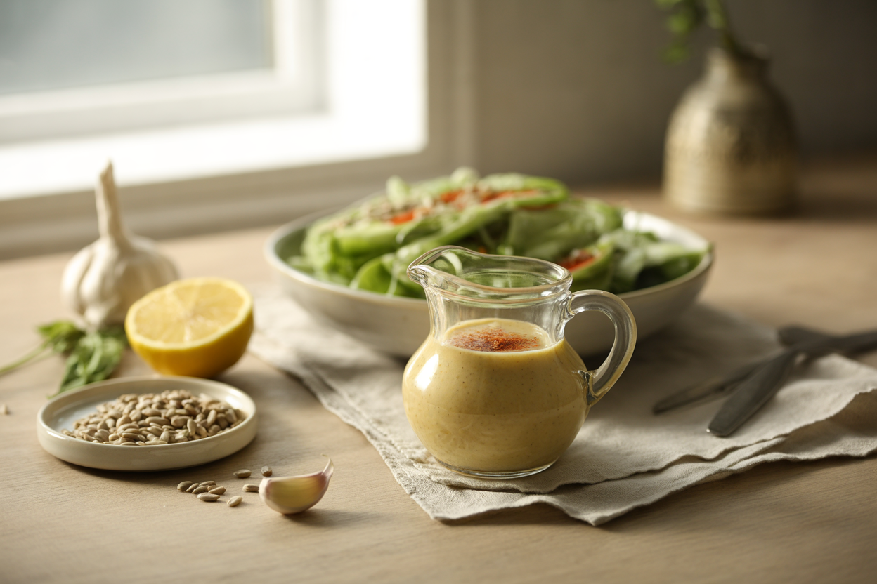 Creamy sunflower seed lemon dressing with a green salad