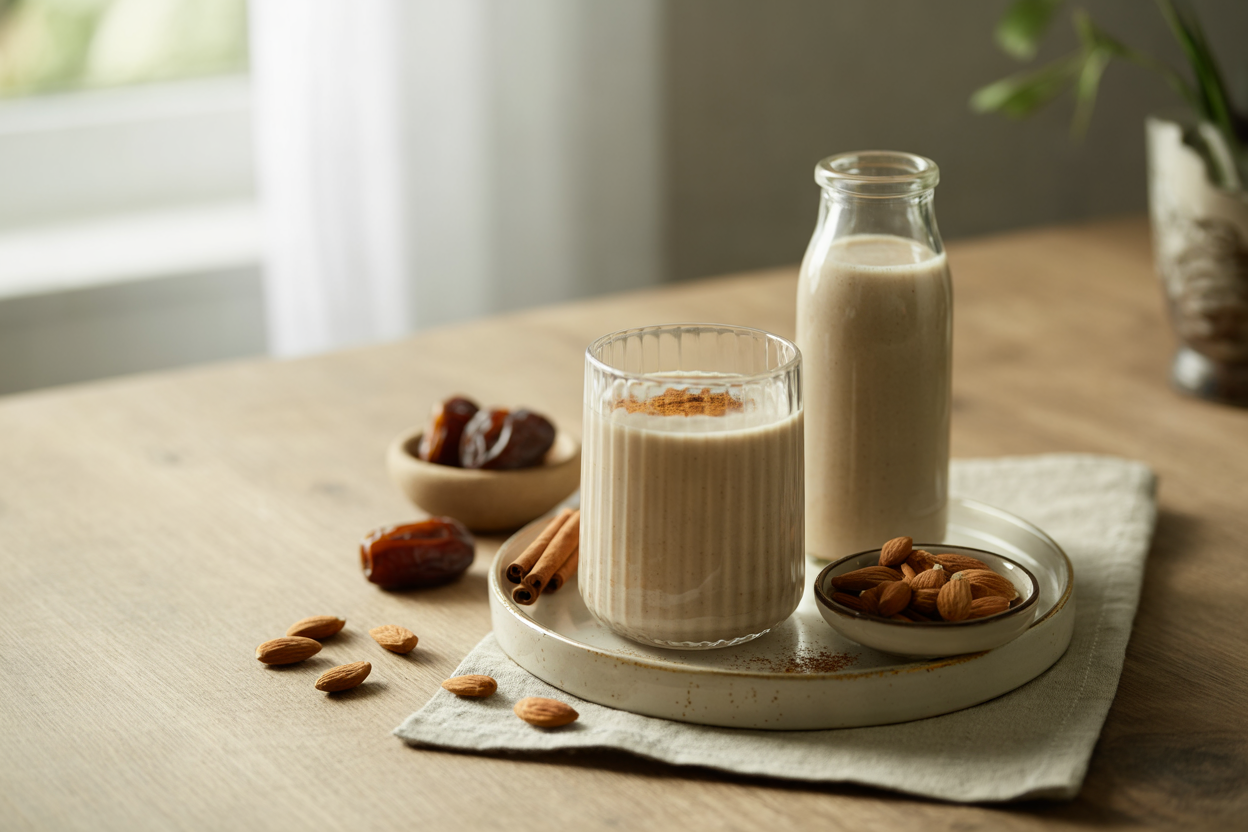 Raw sweet almond milk with dates and cinnamon
