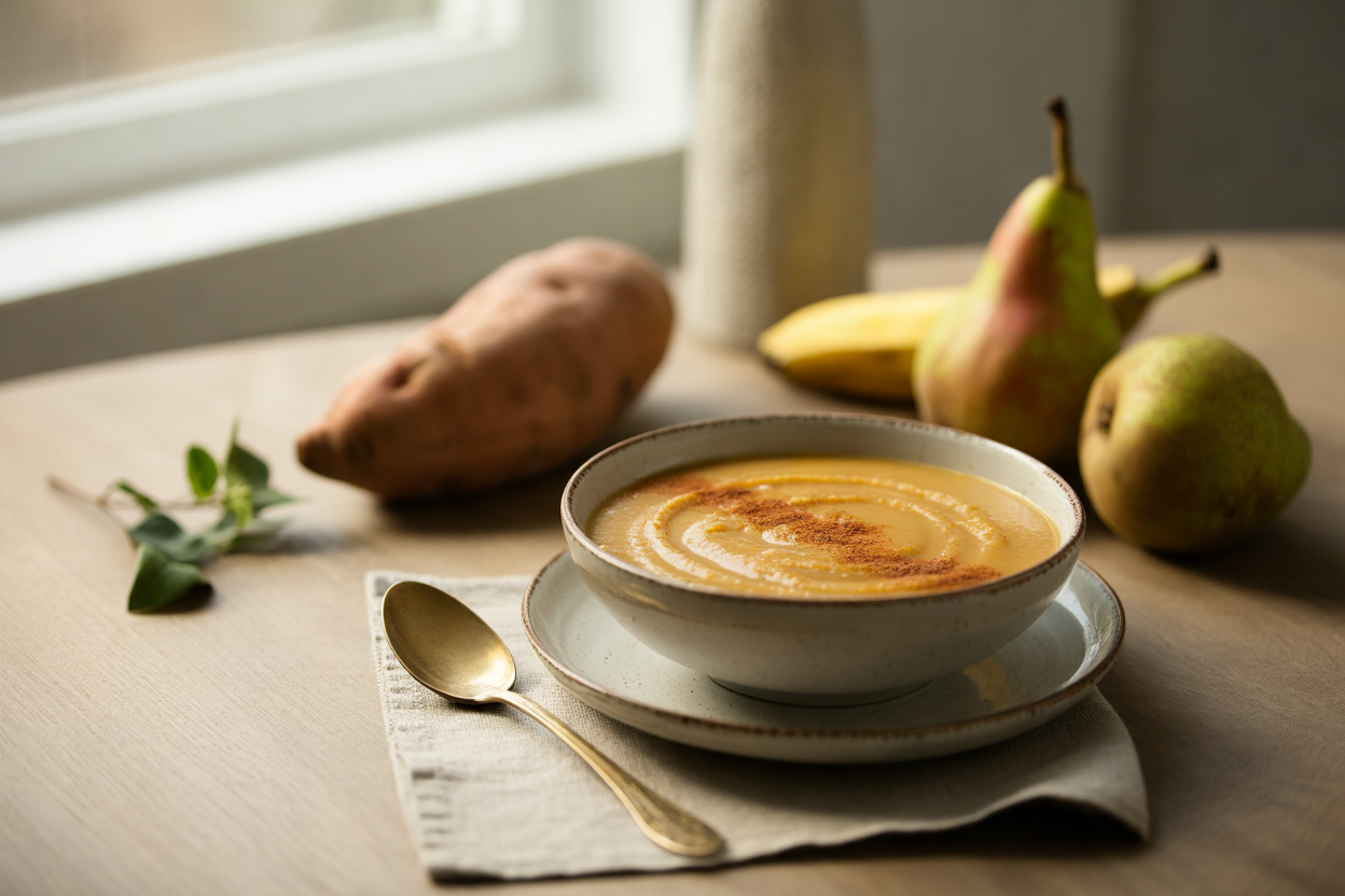 Raw sweet potato pear soup with cinnamon