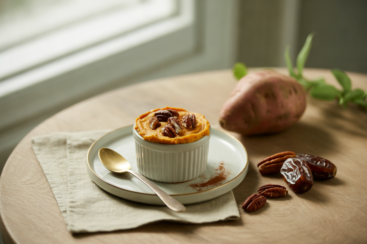 Raw sweet potato souffle with pecans