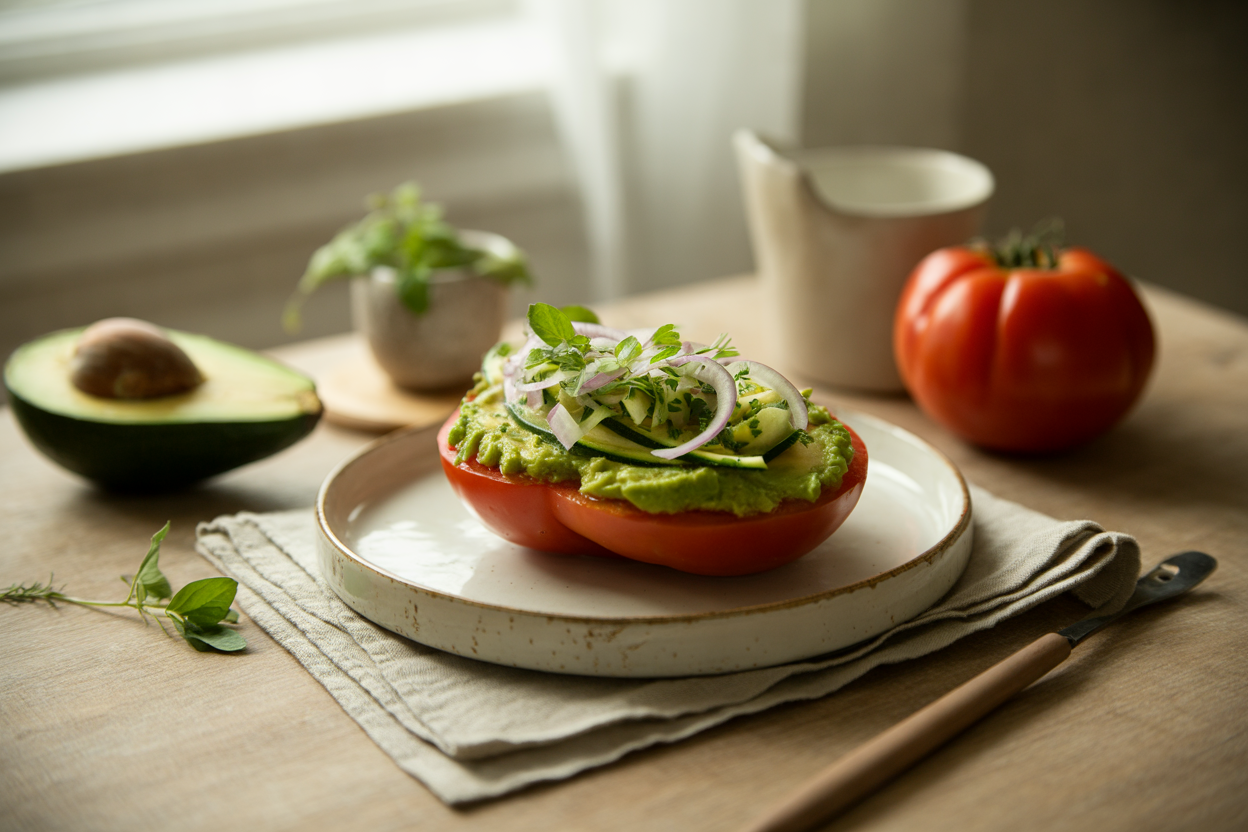Raw tomato sandwich with avocado, zucchini and squash