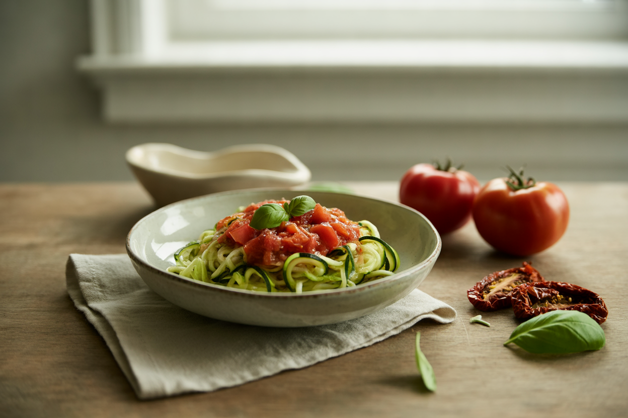 Raw tomato sauce with basil over zucchini noodles