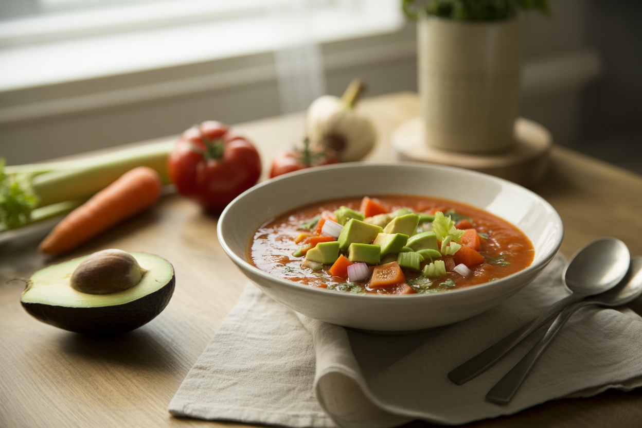 Raw tomato vegetable soup with chunks of carrot, celery and avocado
