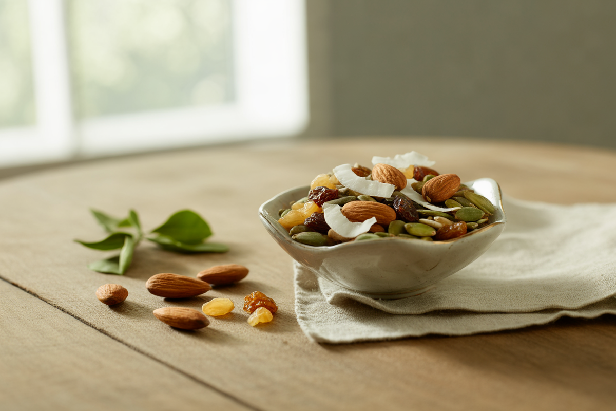 Raw trail mix with almonds, pumpkin seeds, sunflower seeds, raisins and coconut