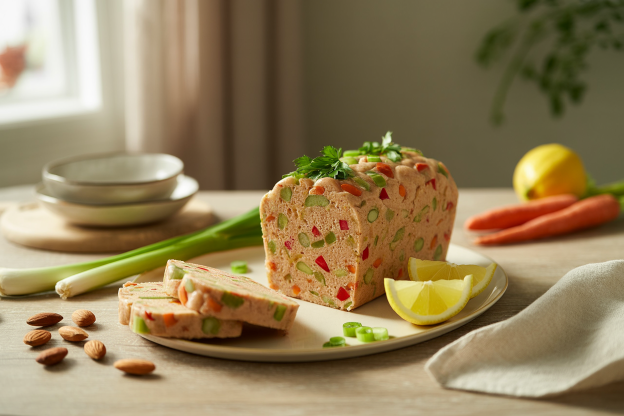 Raw better-than-salmon loaf made from almonds, carrots, celery and parsley