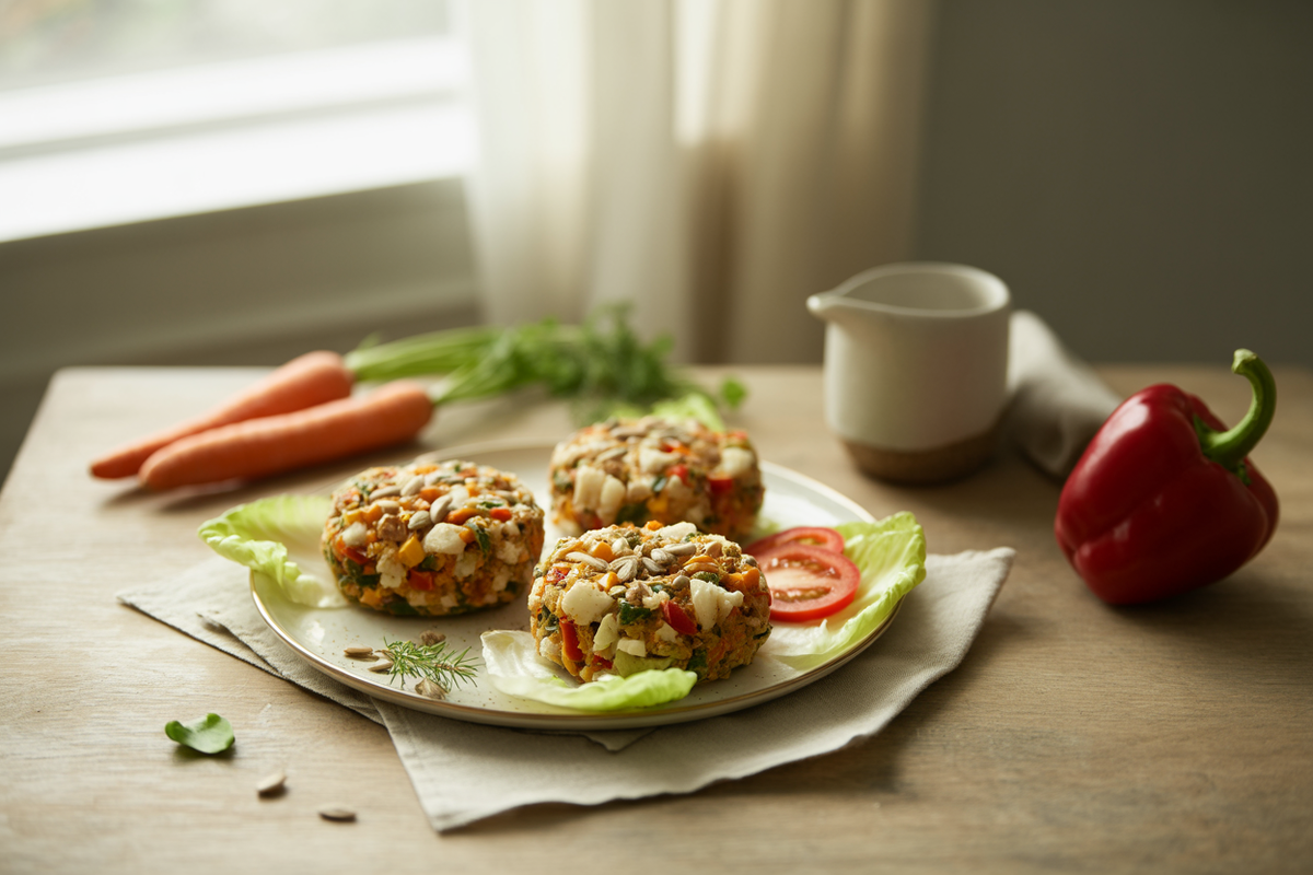 Raw veggie burger patties made with carrot, cauliflower, red pepper and walnuts