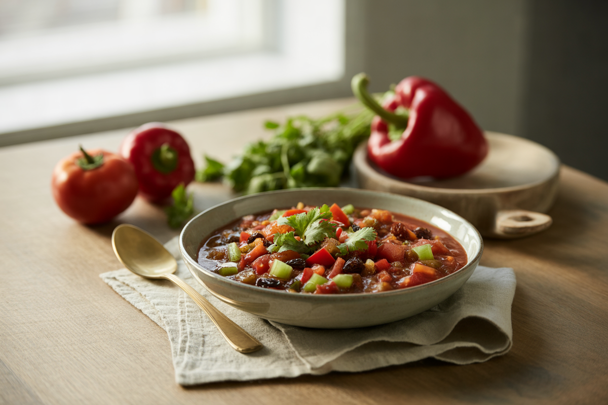 Raw veggie chili with tomatoes and red pepper