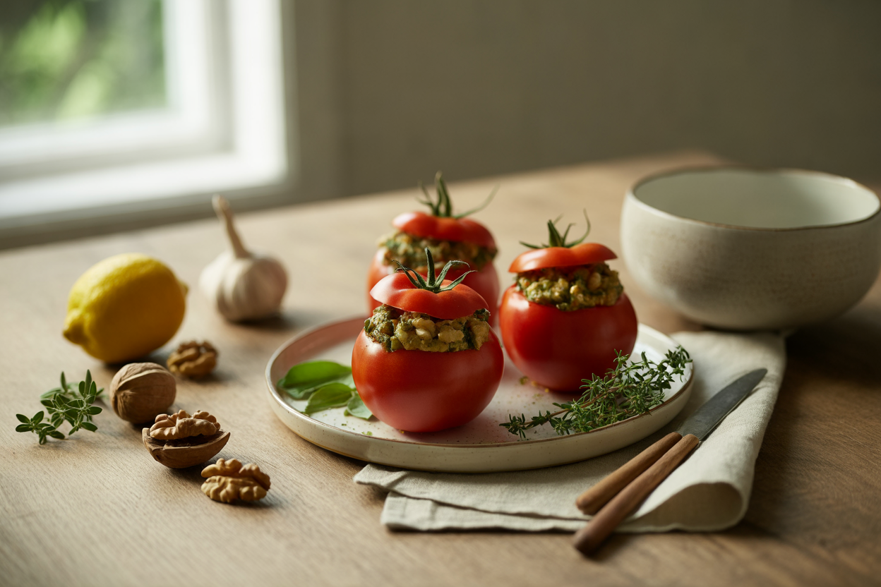 Tomatoes stuffed with herbed walnut pate