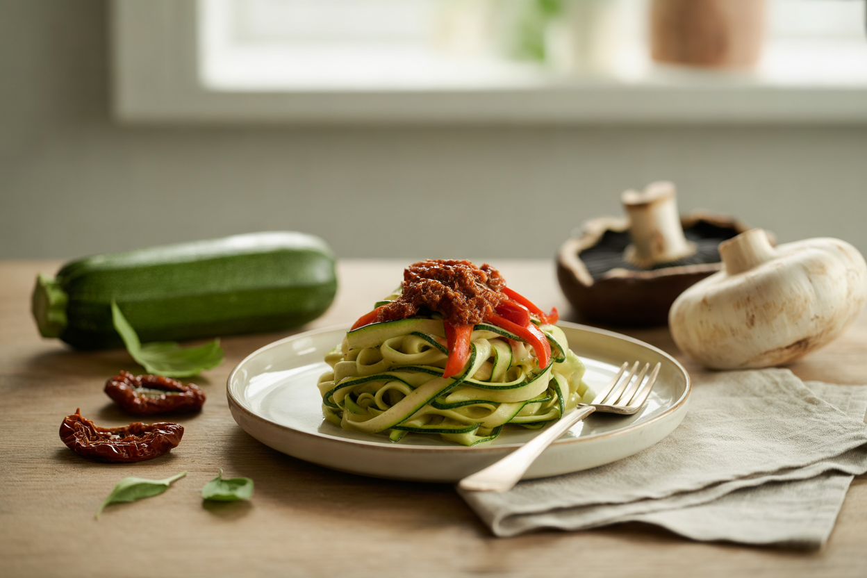 Zucchini fettuccine with sun-dried tomato pesto
