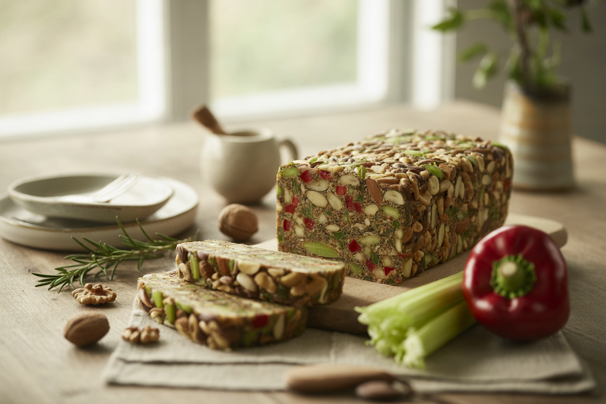 Raw nut loaf with walnuts, almonds, sunflower seeds, vegetables and herbs