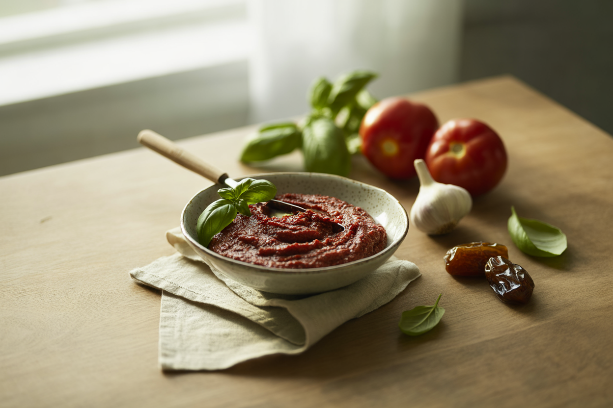 Homemade raw tomato paste with basil