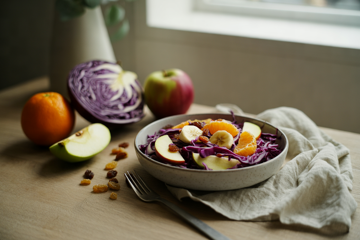 Red cabbage and fruit salad with orange, apple and raisins