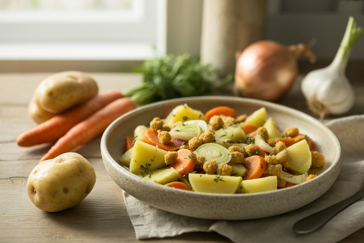 Plant-based Red Mill stew with potatoes, carrots, sweet onion and textured vegetable protein