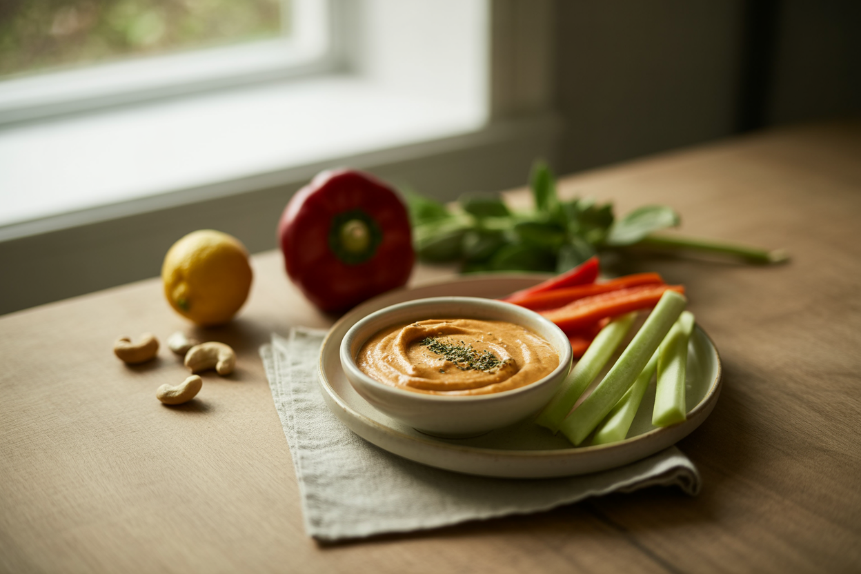 Red pepper cashew cheese dip with raw vegetable sticks