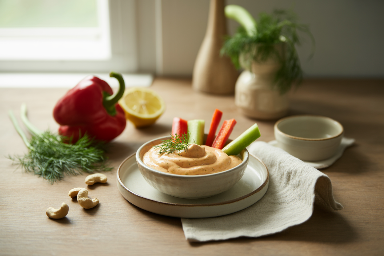Cashew red pepper dill sour cream dip with fresh dill and raw vegetable sticks