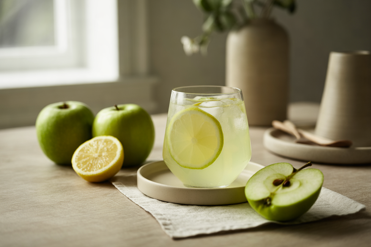 Green apple lemonade with lemon and ice