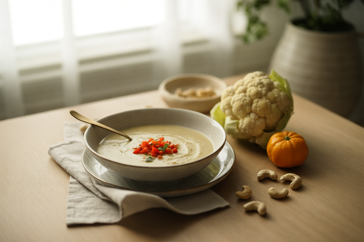 Raw cauliflower soup with cashews, tangerine and red pepper