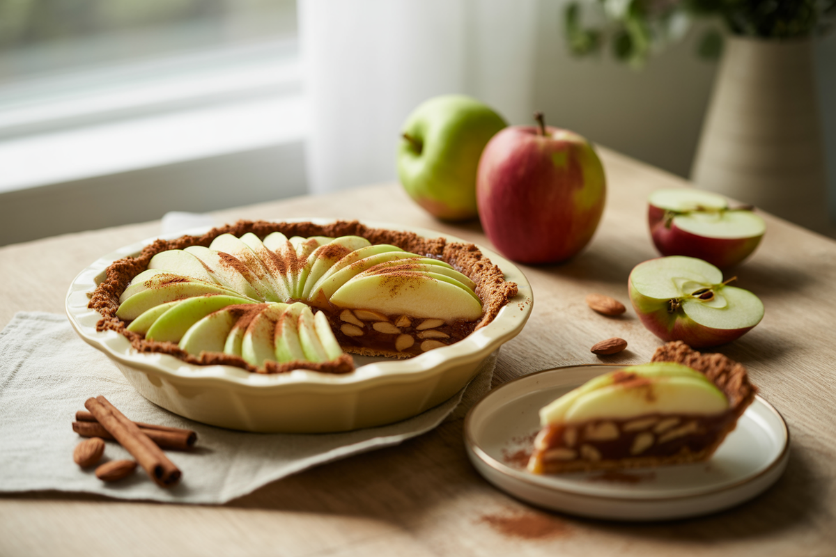 Raw apple pie with an almond and date crust and cinnamon apple filling