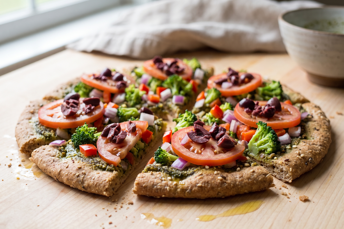 Basil pesto pizza on whole grain crust with tomato, broccoli, red pepper and kalamata olives