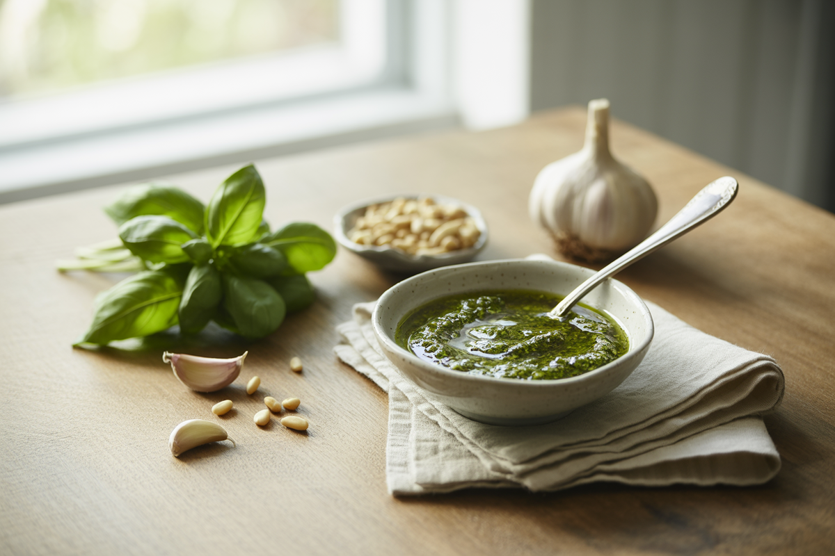 Bowl of fresh basil pesto with pine nuts, garlic and basil leaves