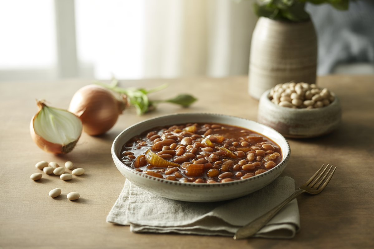 Crock pot baked navy beans in a rich molasses tomato sauce