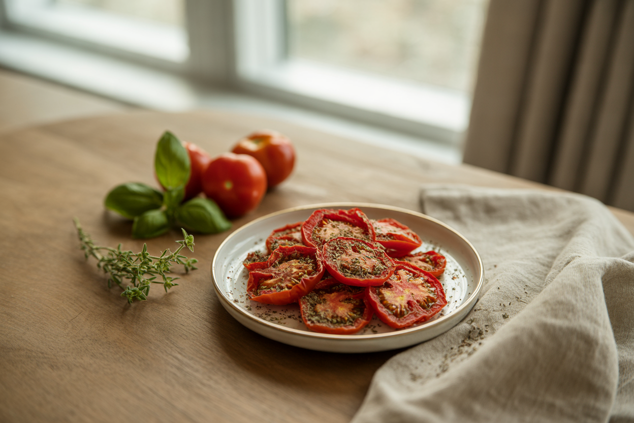 Dehydrated tomato slices with oregano and basil