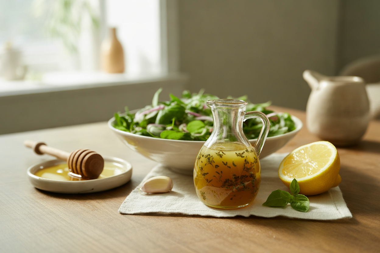 Honey lemon olive oil salad dressing with herbs