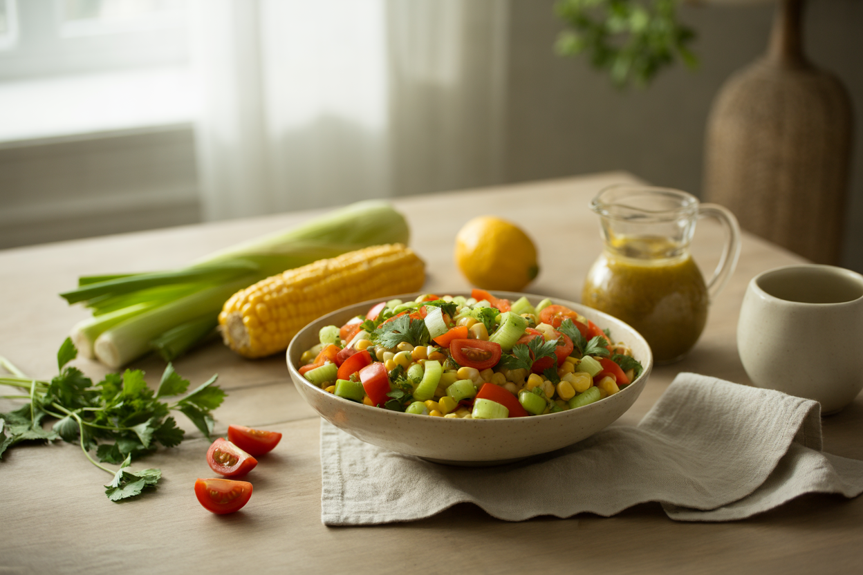 Fiesta corn salad with peppers, tomatoes, cilantro and dressing