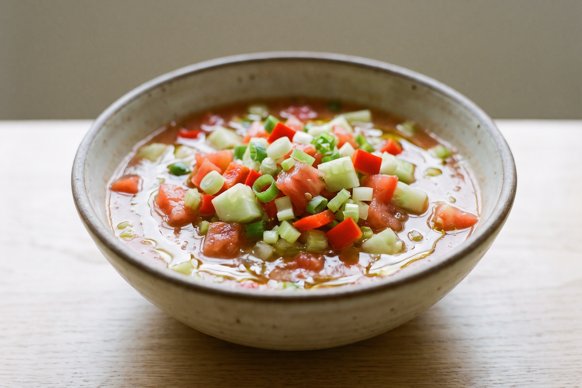 Bowl of Rhonda's gazpacho soup topped with diced cucumber and tomato
