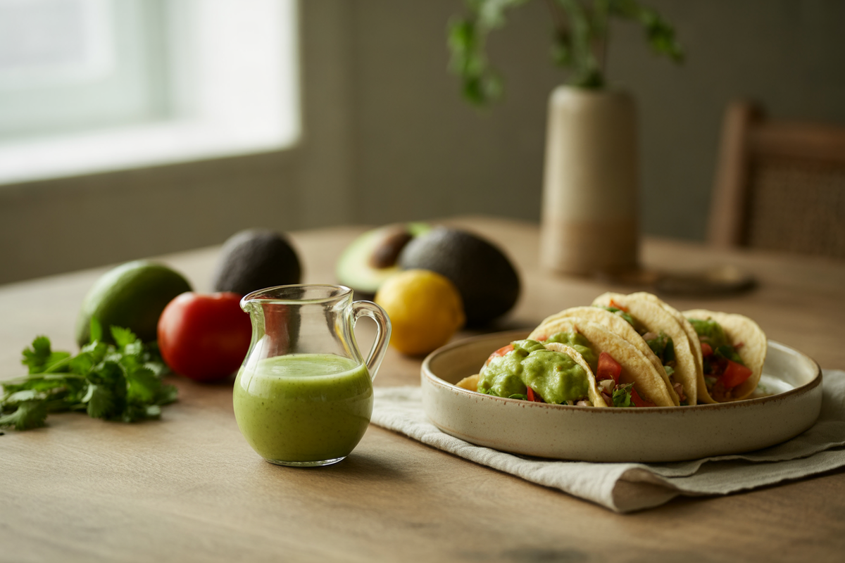 Guacamole dressing with fresh salad