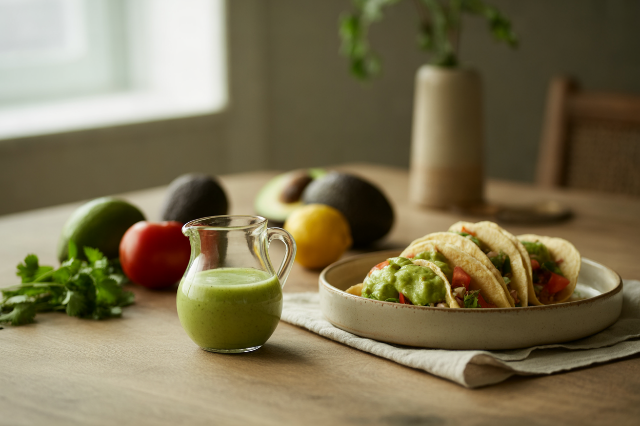 Guacamole dressing with fresh salad