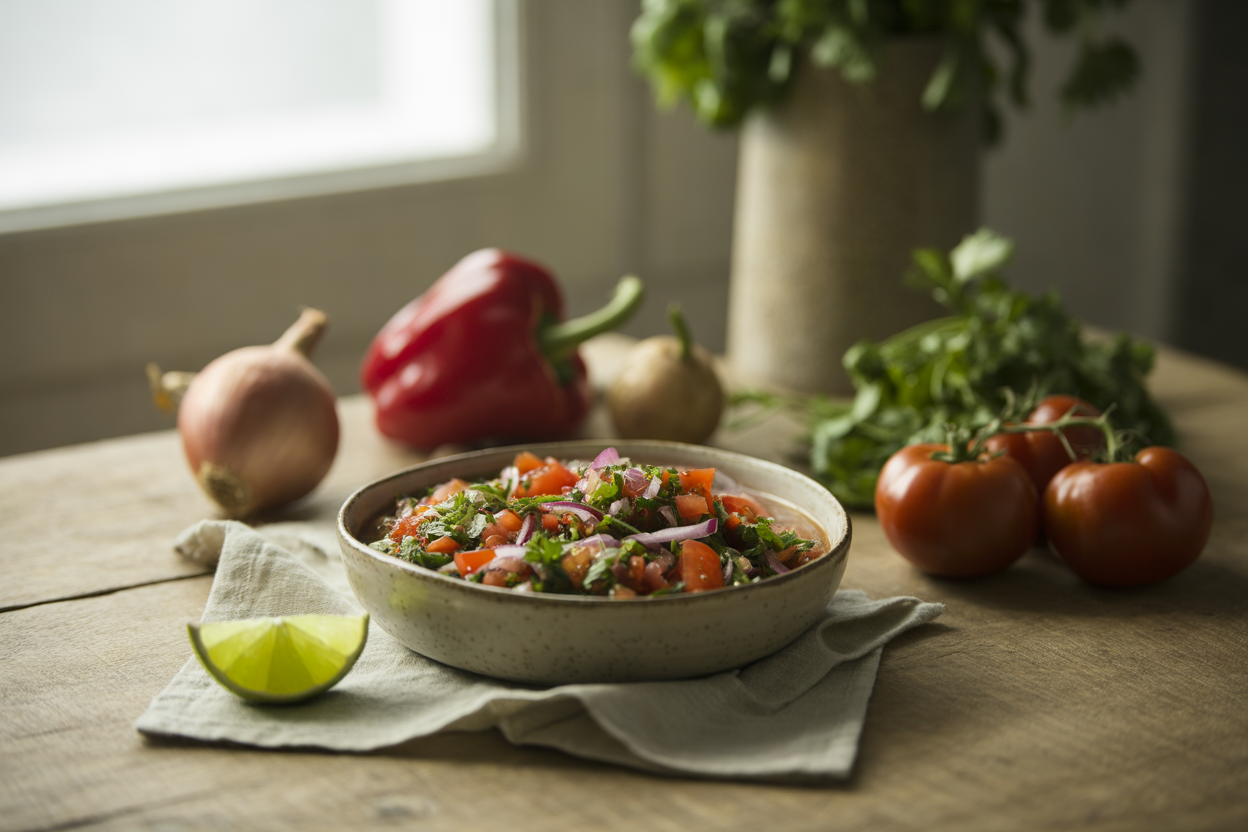 Fresh Mexican salsa with tomatoes, onion, red pepper and cilantro